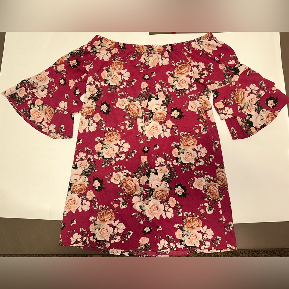Xhilaration Women’s Off The Shoulder Pink Floral Print‎ Dress Bell Sleeves Large